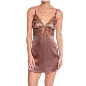 NEW HUIT floral lace mini chemise in mocha brown